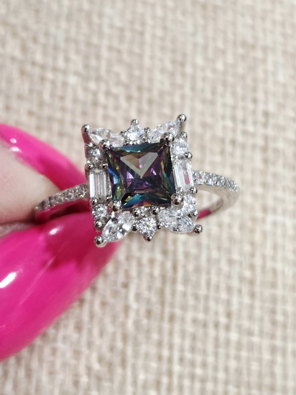 Silver Halo Ring with Mystic Square Center Stone - Size 8